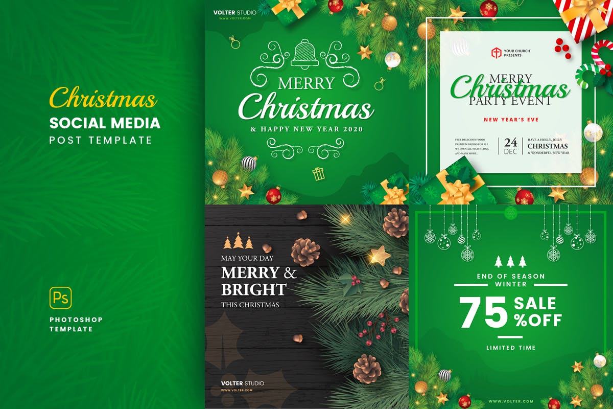 圣诞节年终大促活动社交广告设计模板素材库精选 Christmas Social Media Post Template插图