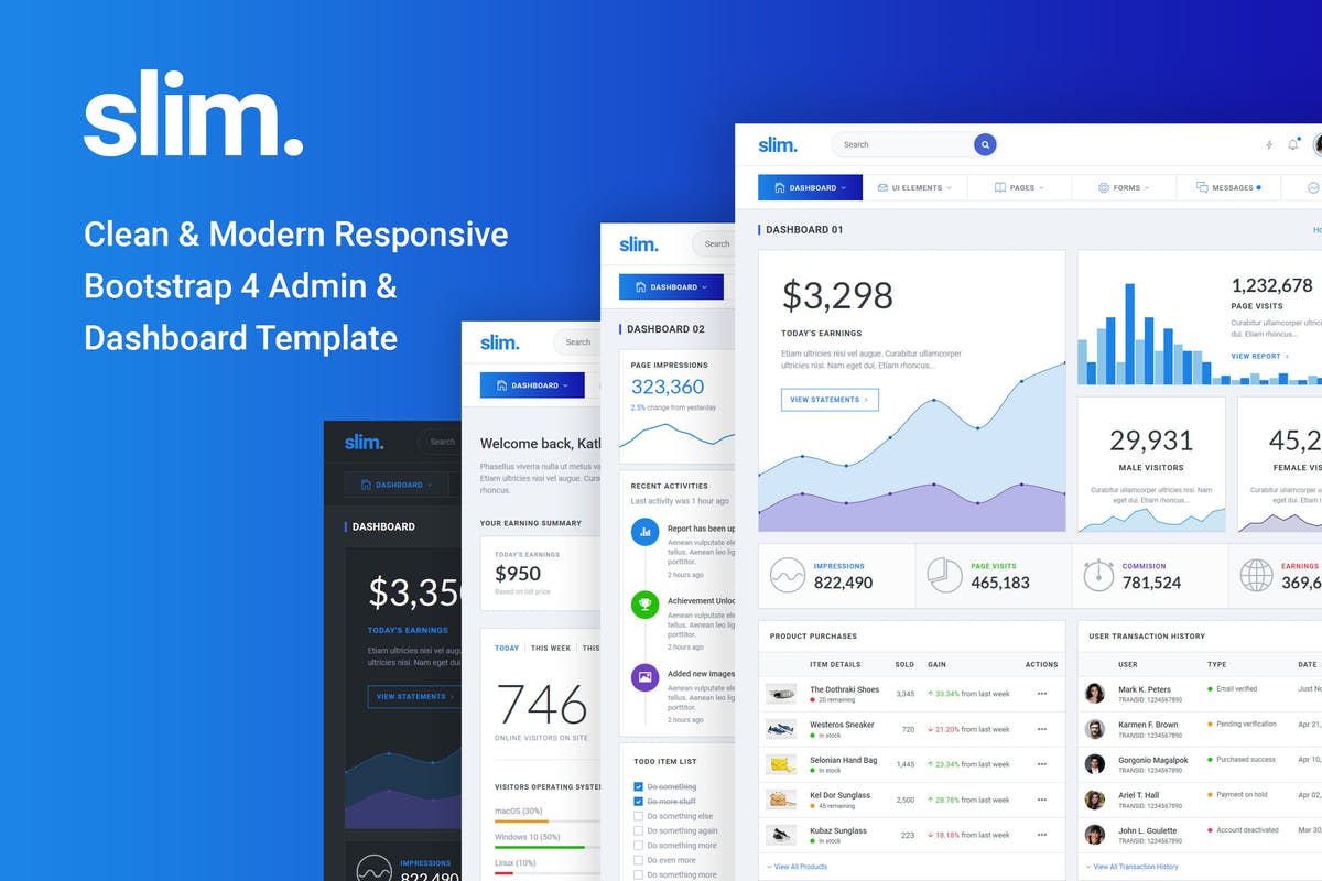 现代简约管理员&仪表盘Bootstrap模板素材库精选 Slim Clean & Modern Bootstrap 4 Admin & Dashboard插图
