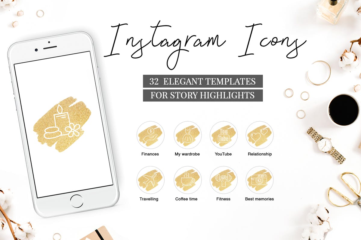 Instagram品牌故事封面金粉高亮图形模板素材库精选V3 Instagram Highlight Covers V.3 GOLDEN BRUSH插图