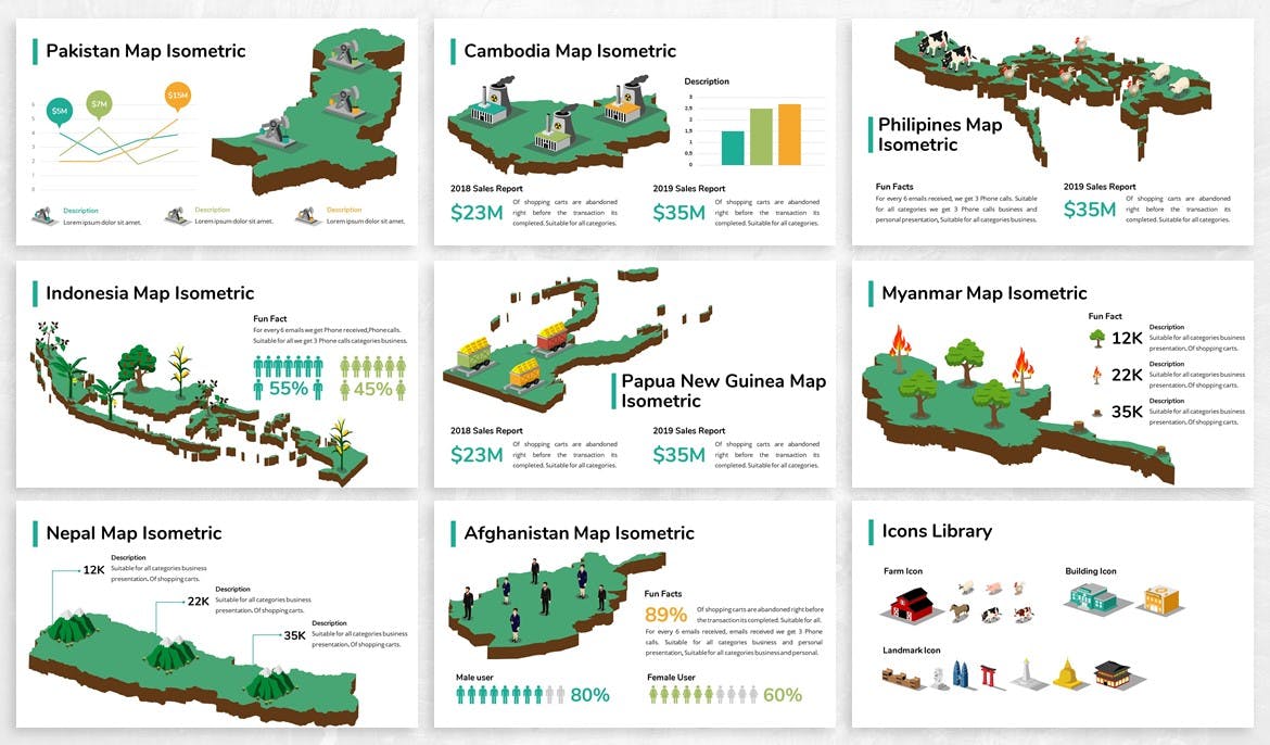 亚洲地区国家地图PPT幻灯片设计素材 Asia Maps Isometric & Legends For Powerpoint插图(2)
