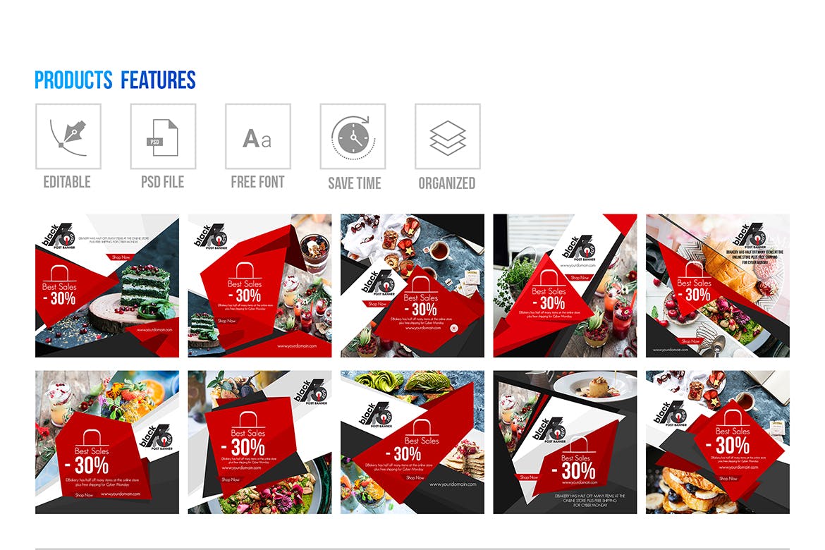 10个黑色星期五购物节主题Instagram社交贴文Banner横幅广告模板素材库精选 10 Instagram Post Banners-Black Friday插图(1)