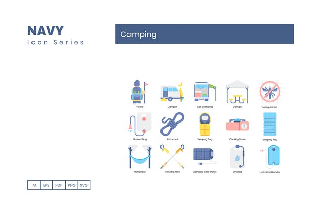 65枚户外露营旅行主题海军蓝图标素材 65 Camping Icons | Navy Series插图(2)