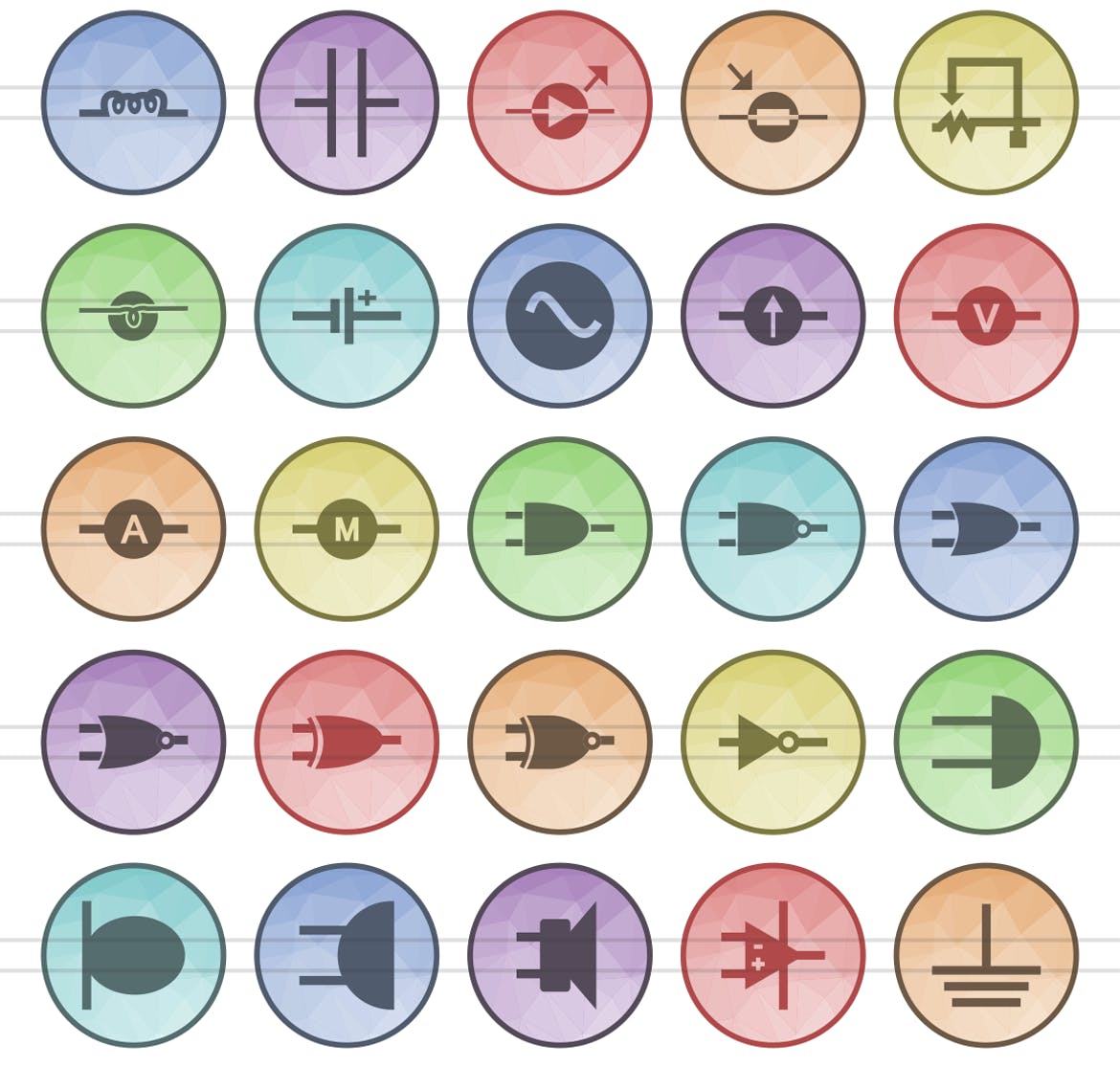 50枚电路线路板主题多边形填充色圆形素材库精选图标 50 Electric Circuits Filled Low Poly Icons插图(2)