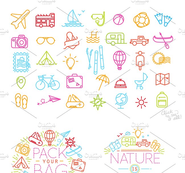 旅行主题线条图标集 Travel flat icons插图(3)