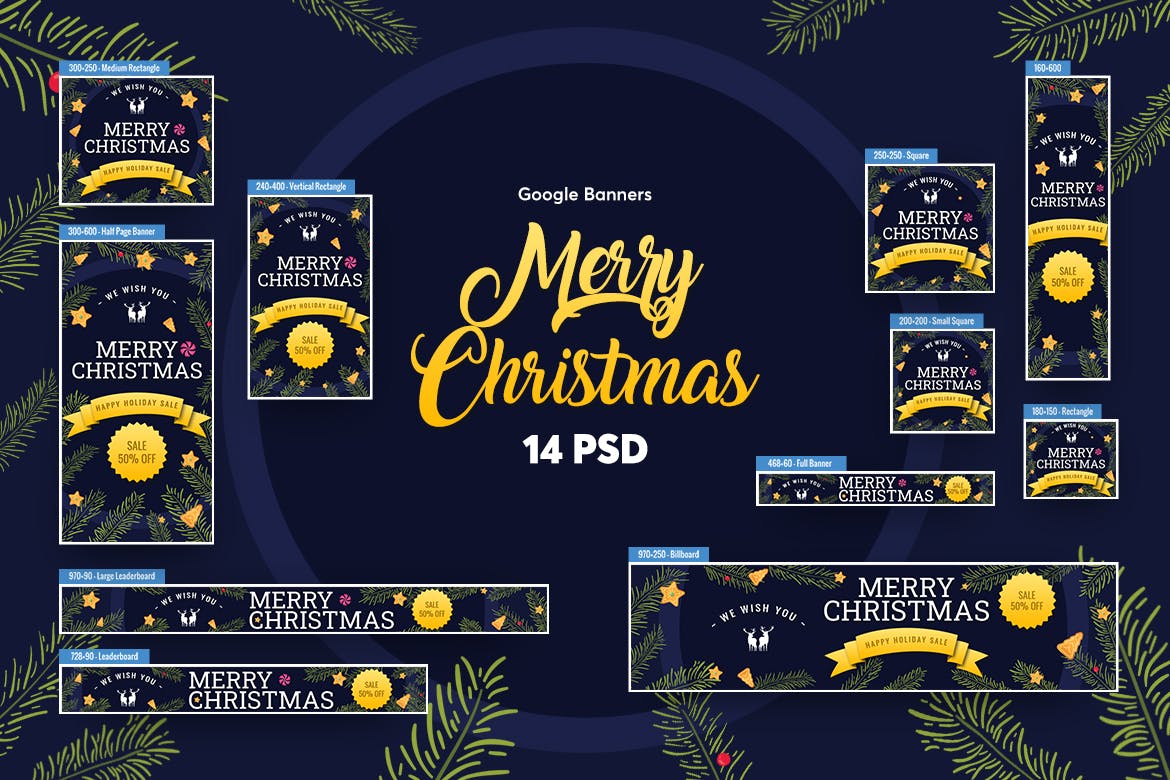 圣诞节主题谷歌广告Banner设计全尺寸套装模板v2 Merry Christmas Banners Ad插图(1)