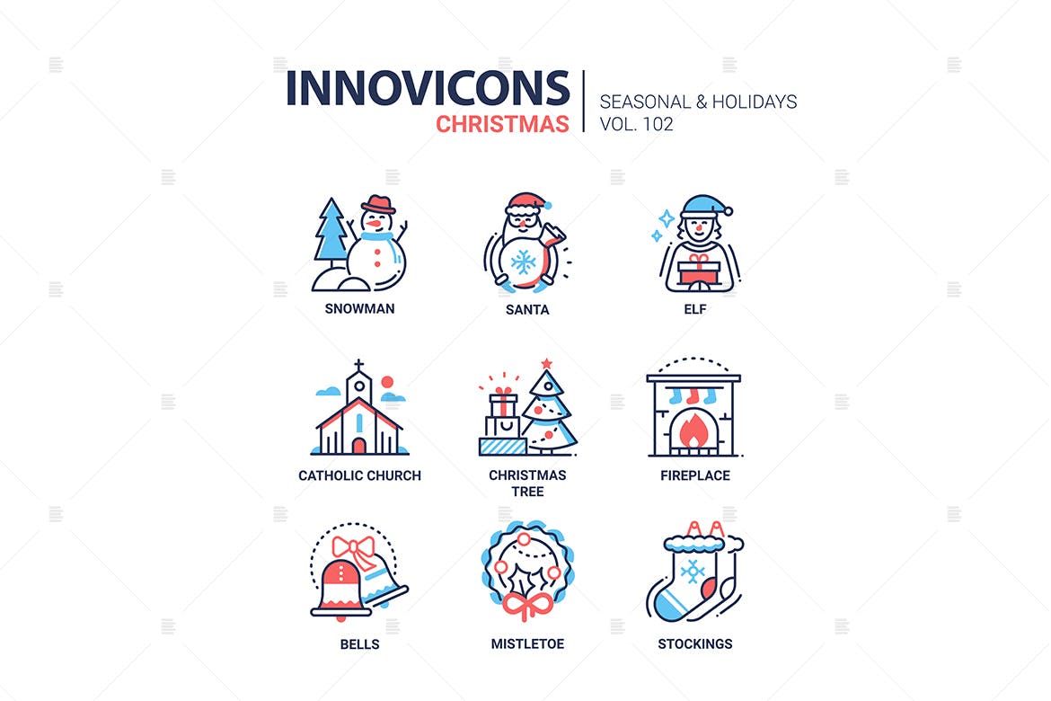 圣诞符号扁平设计风格线性图标素材v1 Christmas symbols line design style icons set插图