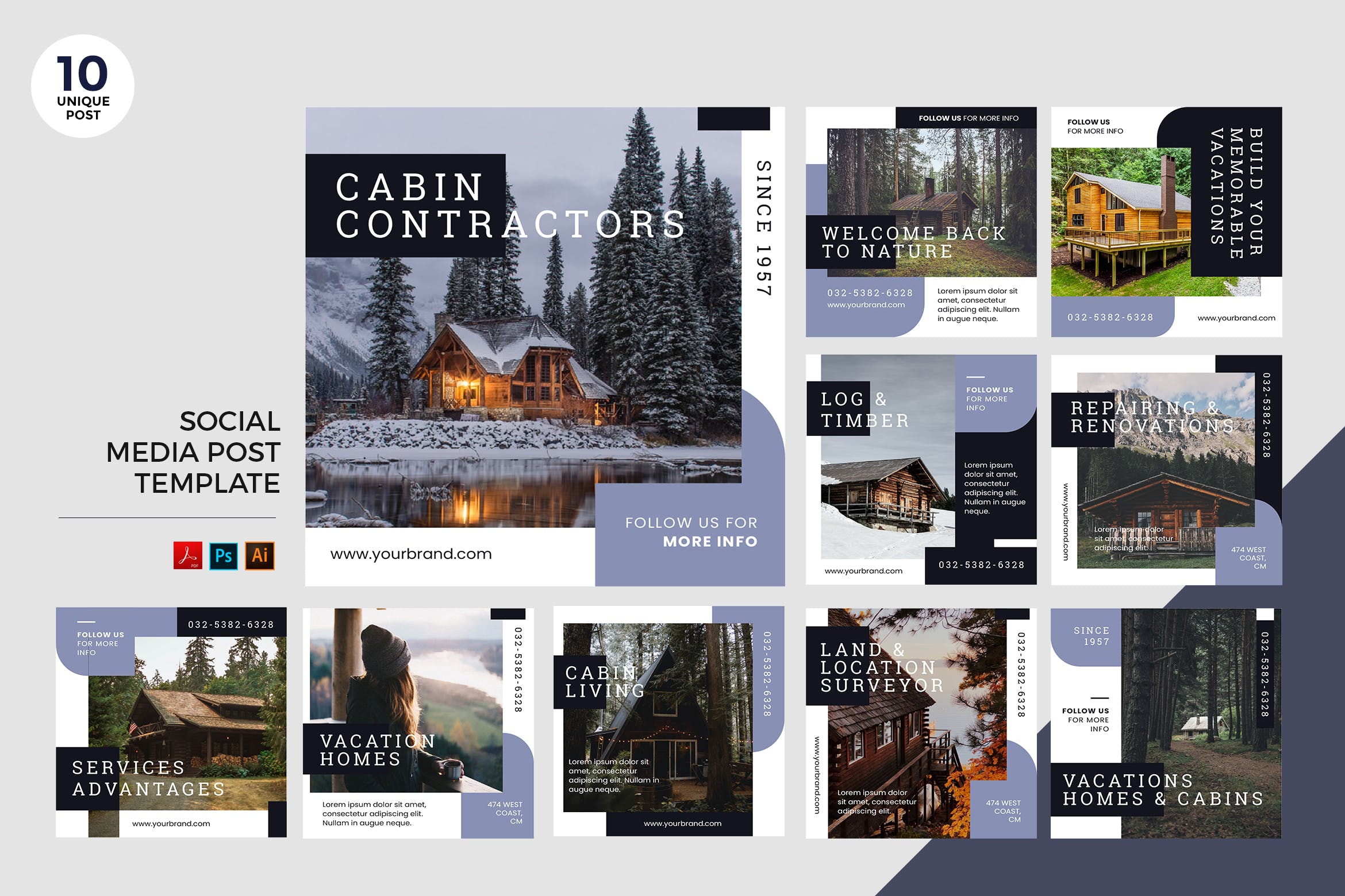 度假酒店民宿品牌社交媒体推广设计素材包 Vacation Lodge Social Media Kit PSD & AI插图