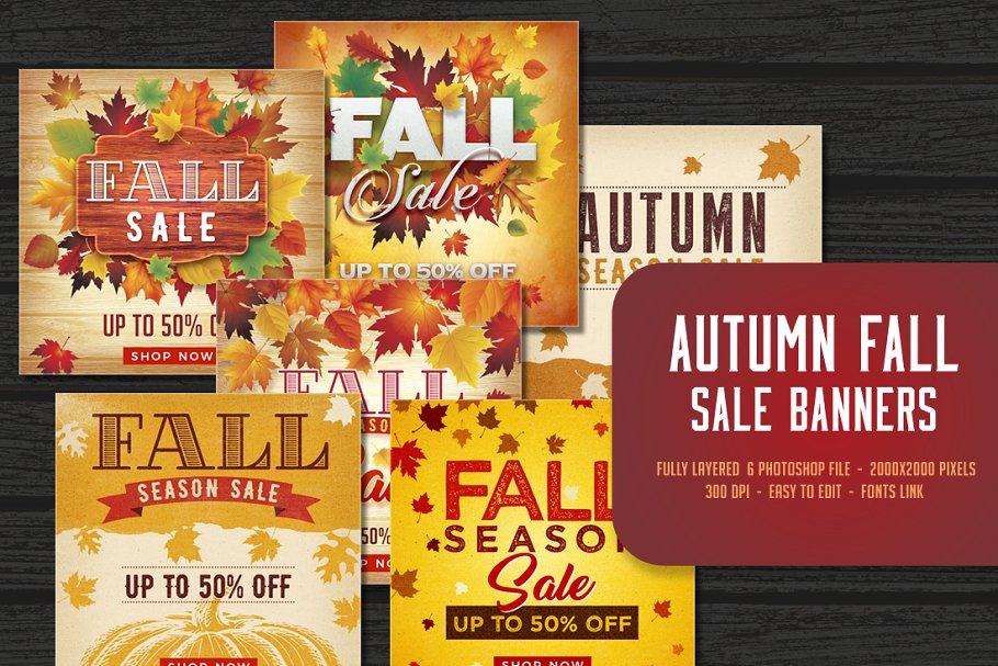 秋天枫叶背景促销广告Banner模板素材库精选 Autumn Fall Sale Banners插图