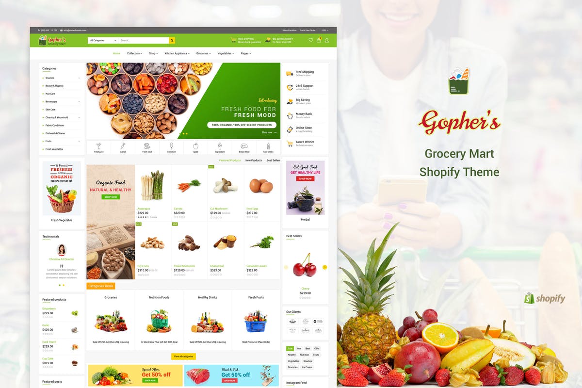 杂货店外贸网站Shopify商城主题模板素材库精选 Gopher’s | Grocery, Shopping  Shopify Theme插图