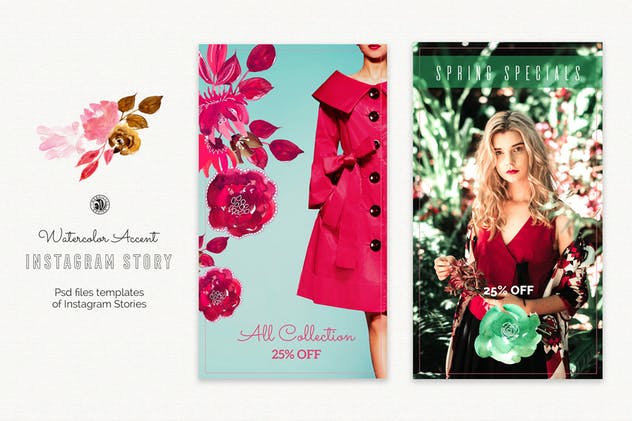 水彩设计风格Instagram故事贴图模板素材库精选 Watercolor Accent Instagram Story Templates插图(3)