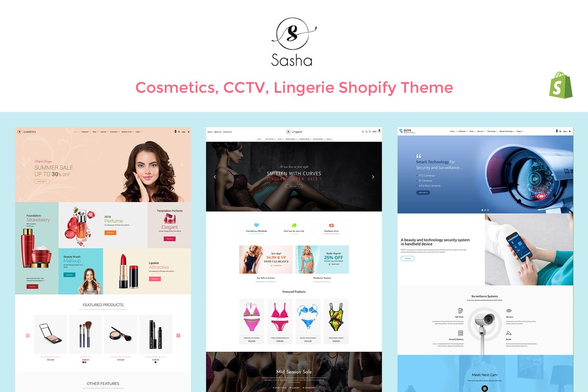 美容化妆品网上商城Shopify商城主题模板素材库精选 Sasha – Cosmetics, CCTV, lingerie Shopify Theme插图