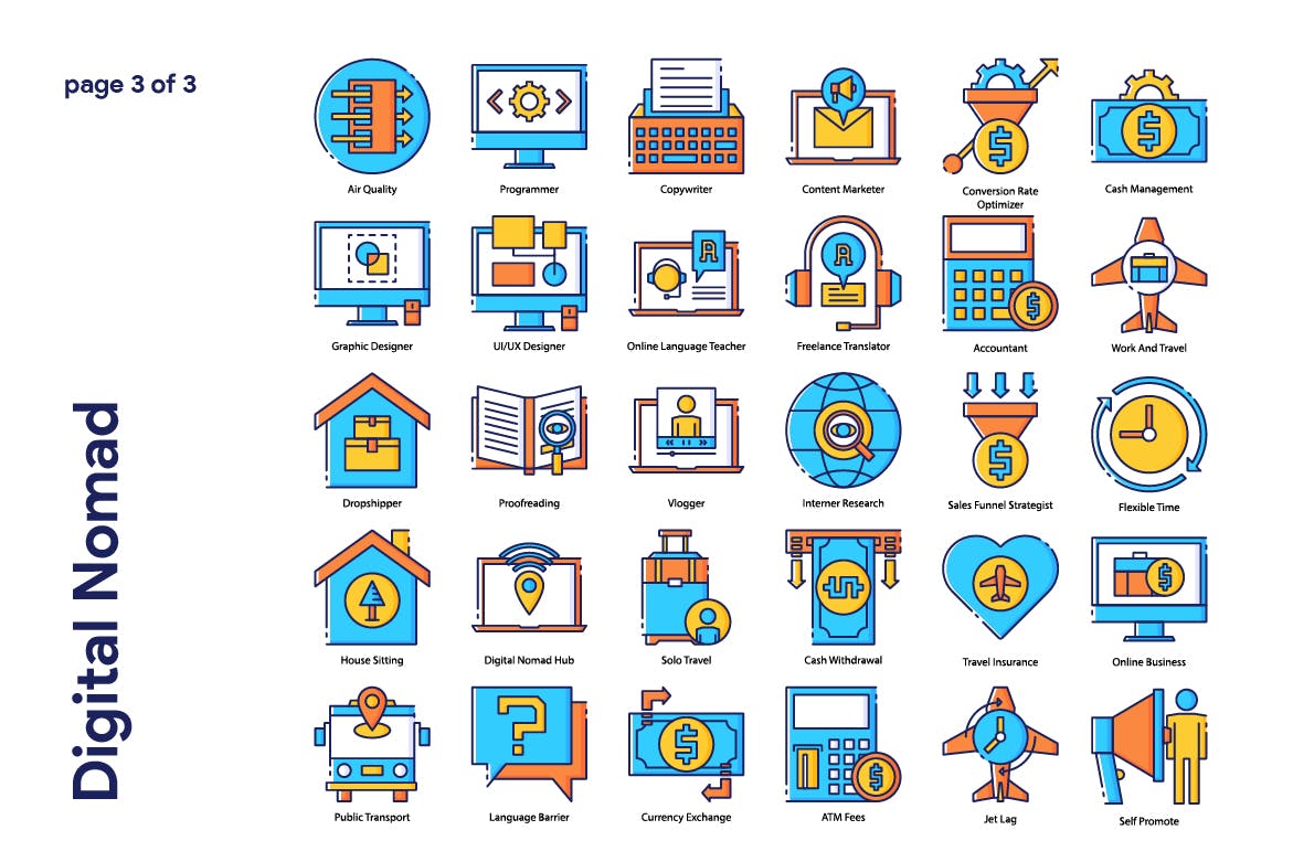 90枚数字游民主题填色线性素材库精选图标 Digital Nomad Icon Set插图(3)