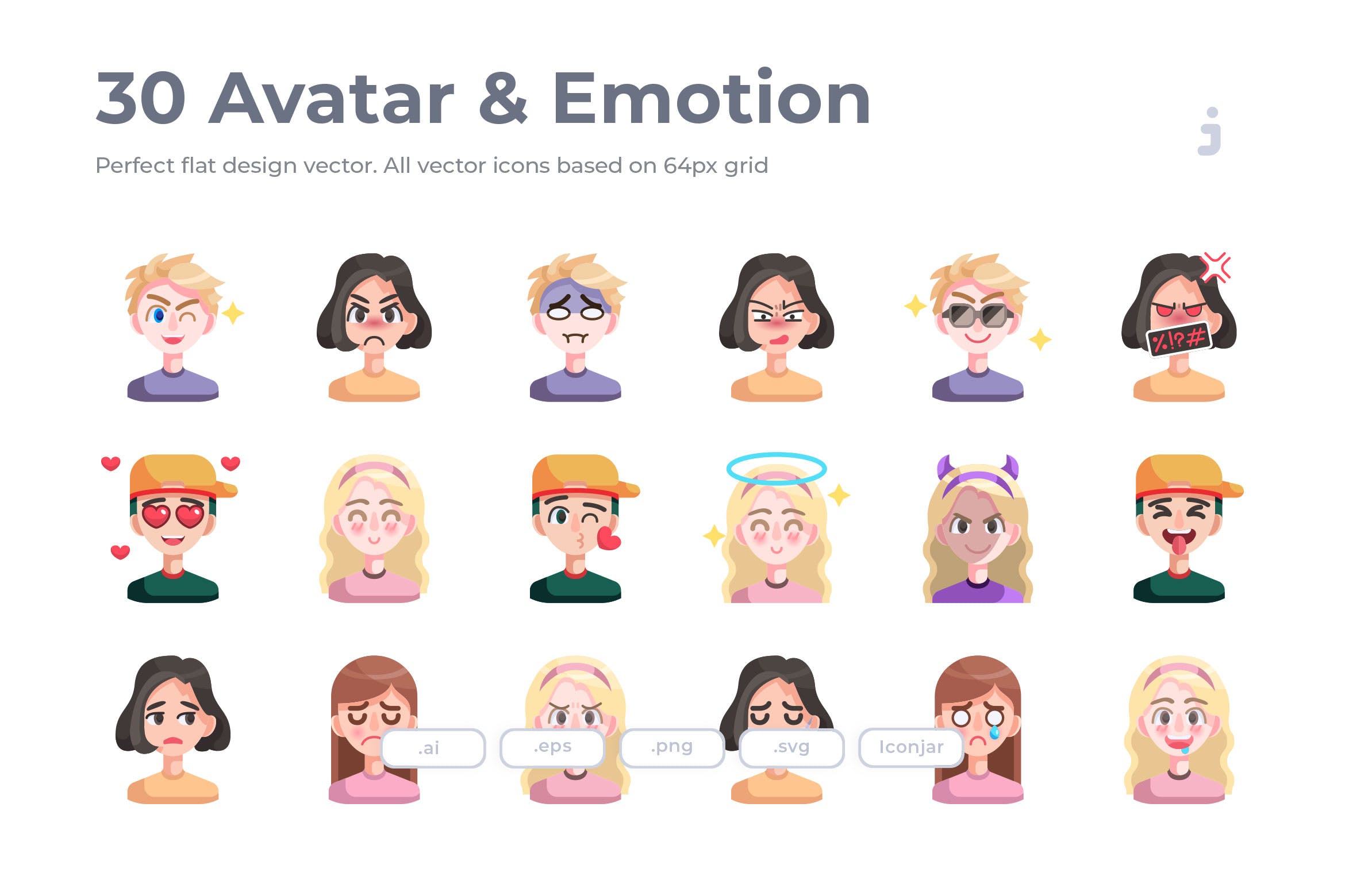 30枚扁平设计风格人物头像&表情矢量素材库精选图标 30 Avatar & Emotion Icons – Flat插图