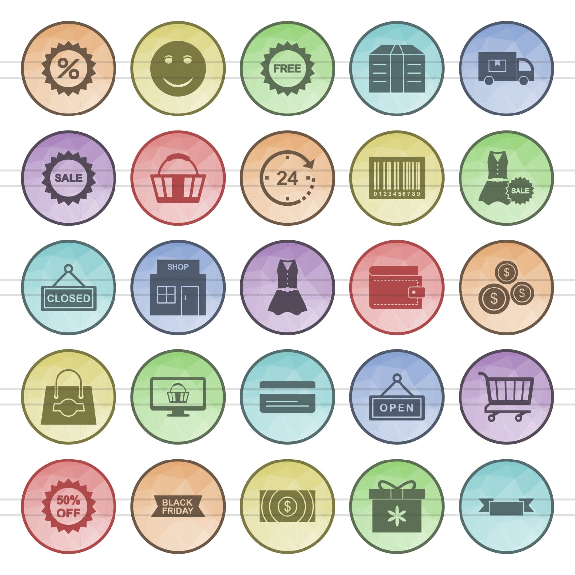 25个黑色星期五主题圆形填充素材库精选图标 25 Black Friday Filled Low Poly Icons插图(1)