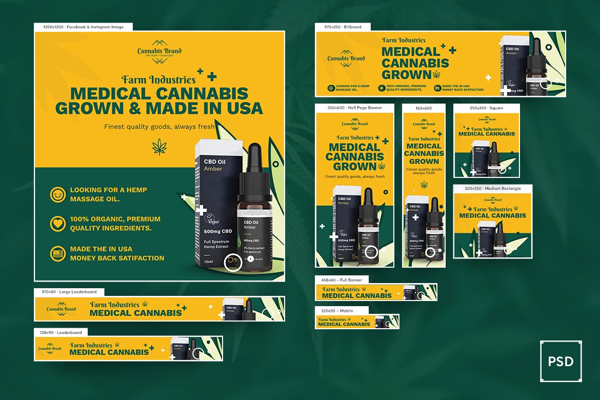 电子烟大麻油Banner横幅广告设计PSD模板 Cannabis Hemp Oil Banners Ad PSD Template插图(1)
