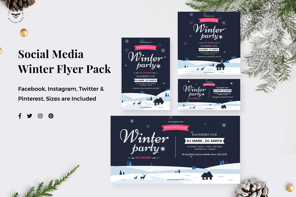 冬天主题社交媒体品牌素材库精选广告模板合集 Winter Party Social Media Pack插图