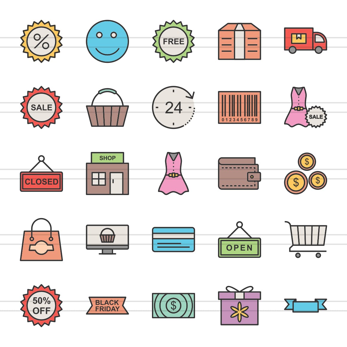 25枚黑色星期五主题填充线性素材库精选图标 25 Black Friday Filled Line Icons插图(1)
