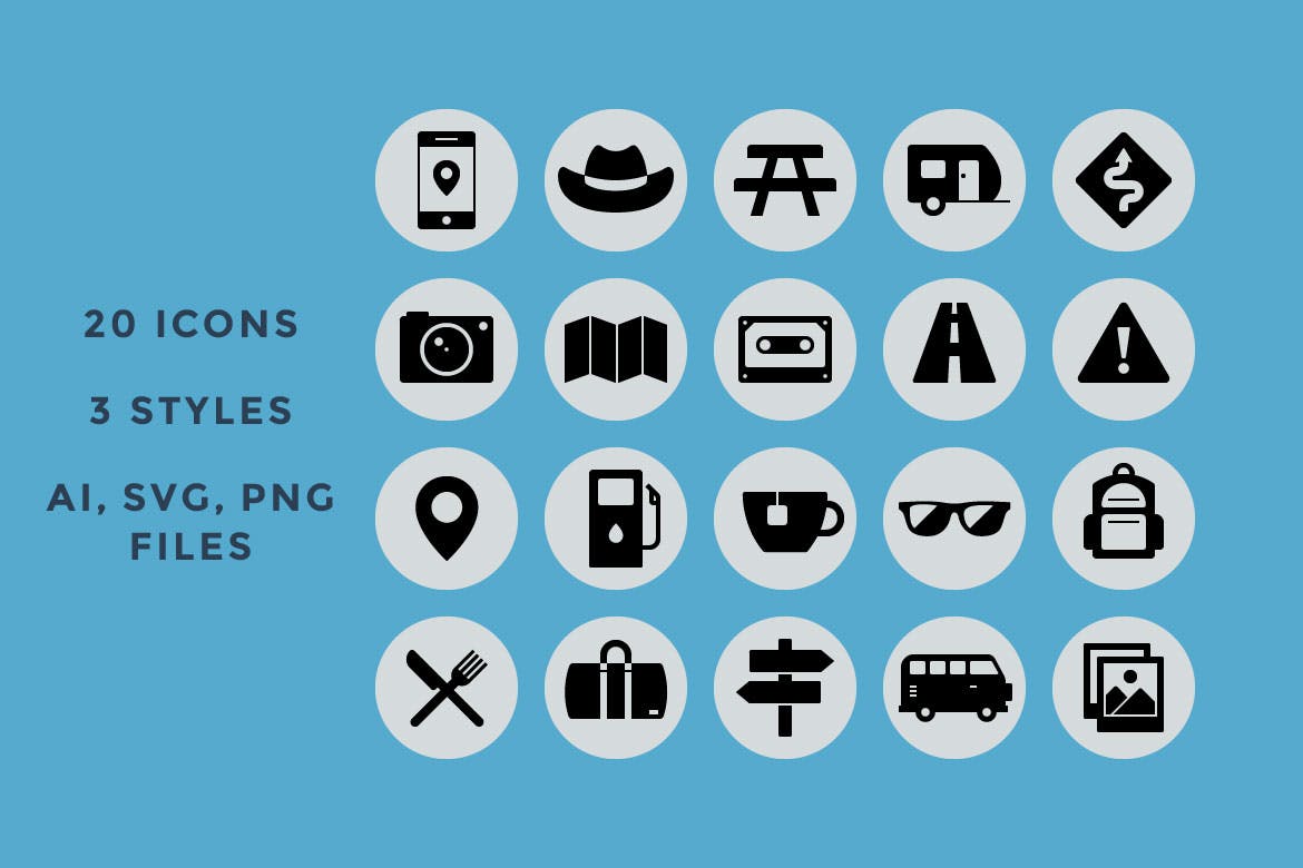 公路旅行主题圆形矢量素材库精选图标 Road Trip Icons插图(1)