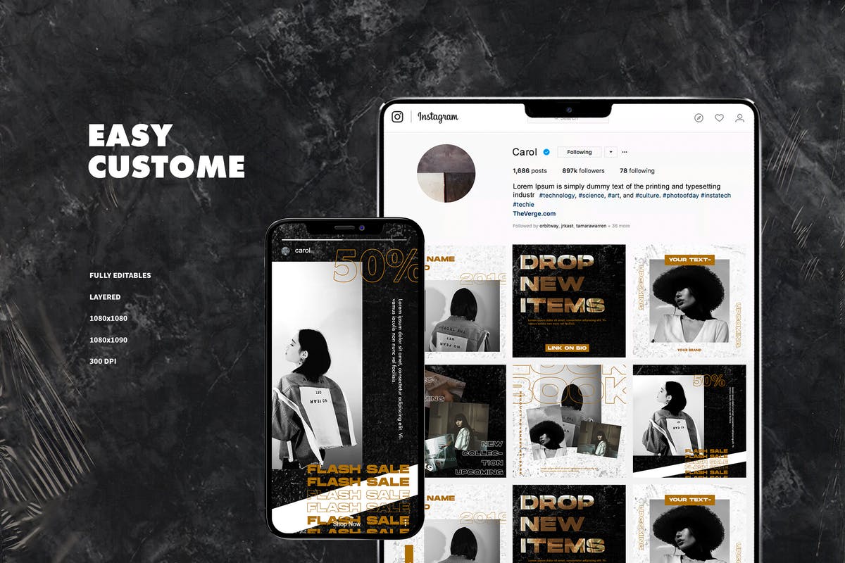 大理石纹理背景Instagram社交贴图设计模板素材库精选 Instagram Template插图(1)
