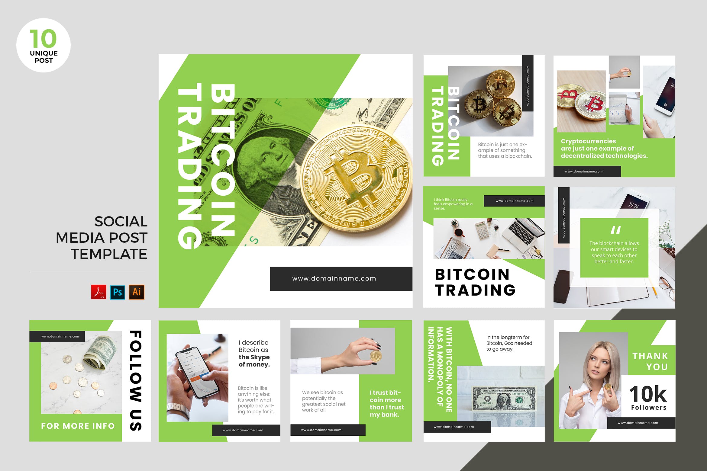 比特币交易主题社交媒体广告设计PSD&AI模板素材库精选 Bitcoin Trading Social Media Kit PSD & AI插图