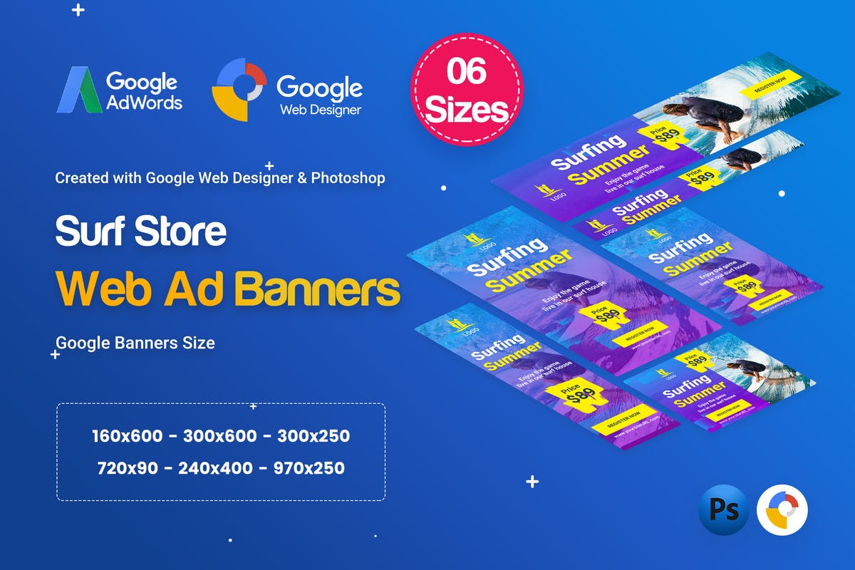 冲浪板单品促销HTML5横幅素材库精选广告模板 Surf Board Banners HTML5 Ad D41 – GWD & PSD插图