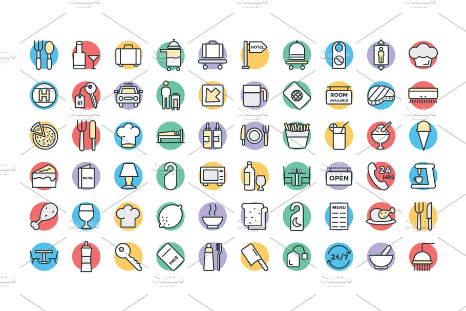 125+饭馆酒店专题粗线条彩绘图标 125+ Hotel and Restaurant Icons插图(2)