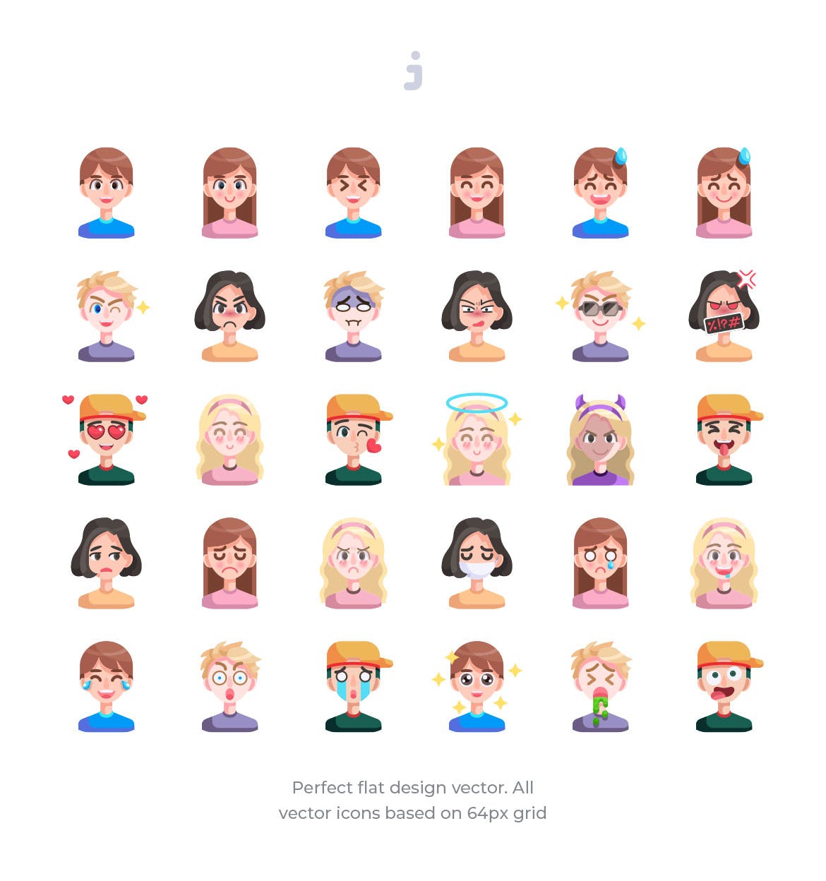 30枚扁平设计风格人物头像&表情矢量素材库精选图标 30 Avatar & Emotion Icons – Flat插图(1)
